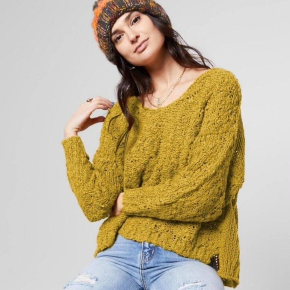 NWT Free People Sunday Shore Open Knit Pullover in Mustard Yellow